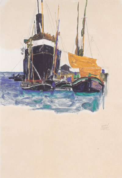 Dampfer und Segelboote im Hafen von Triest von Egon Schiele